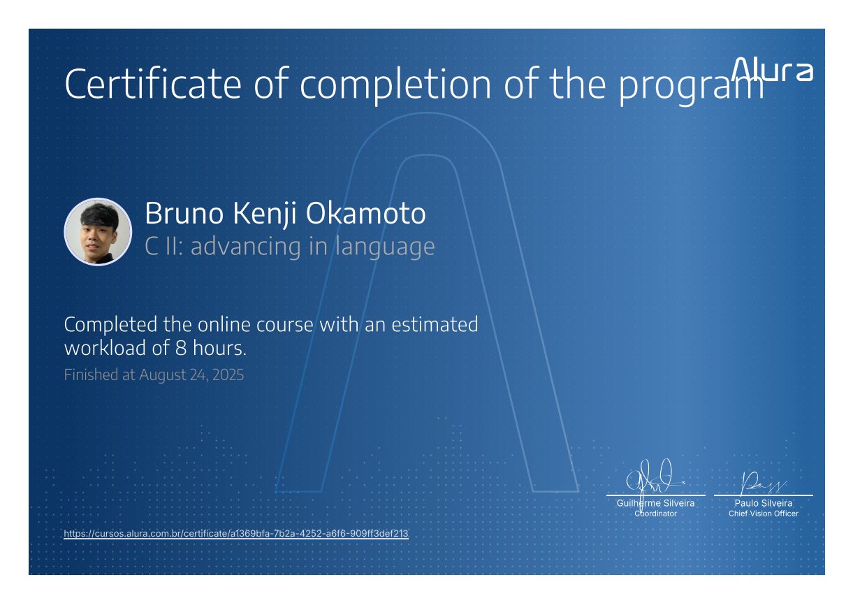 C II: Advancing in the Language certificate issued by Alura