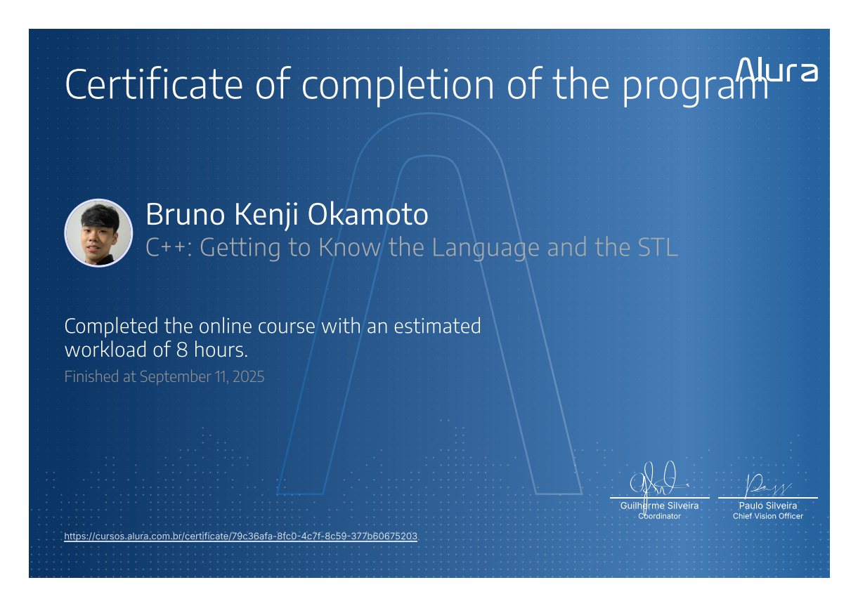 C++: Getting to Know the Language and the STL certificate issued by Alura