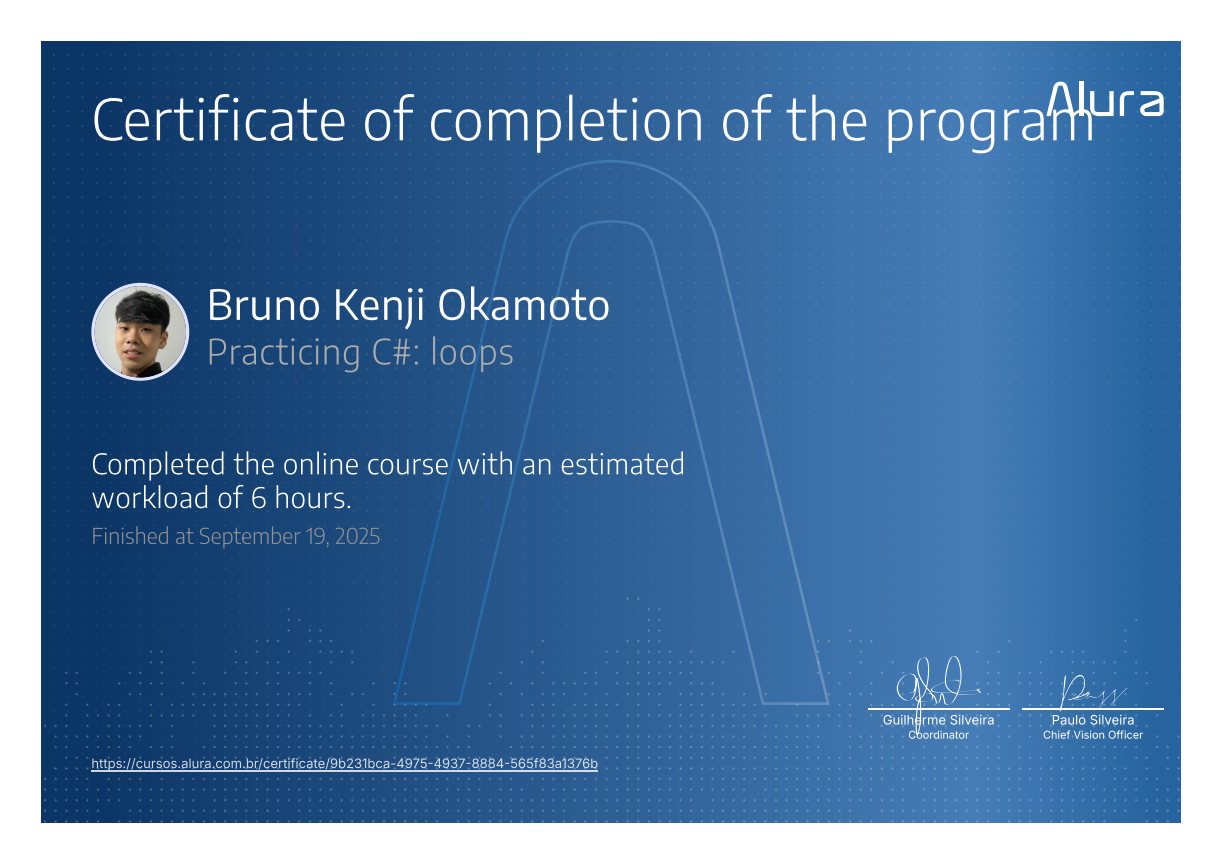 Practicing C#: Loops certificate issued by Alura
