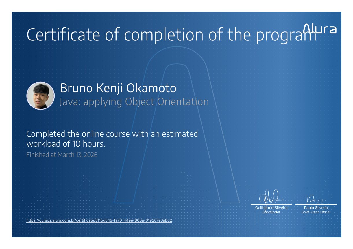 Java: Applying Object Orientation certificate issued by Alura