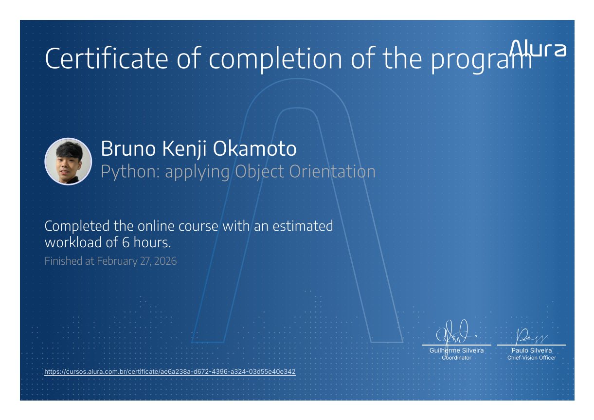 Python: Applying Object Orientation certificate issued by Alura