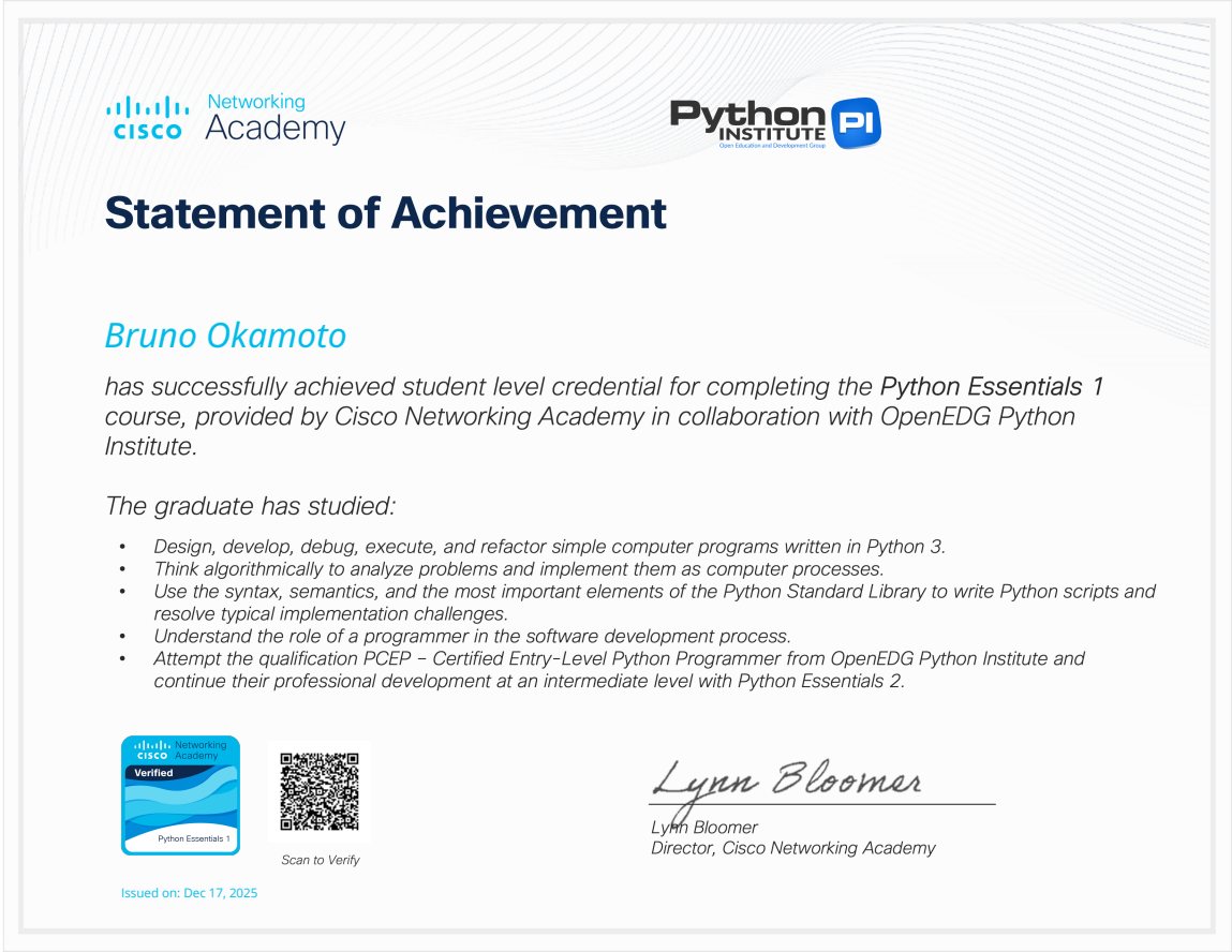 Certificado Python Essentials 1, emitido por Cisco Networking Academy / OpenEDG