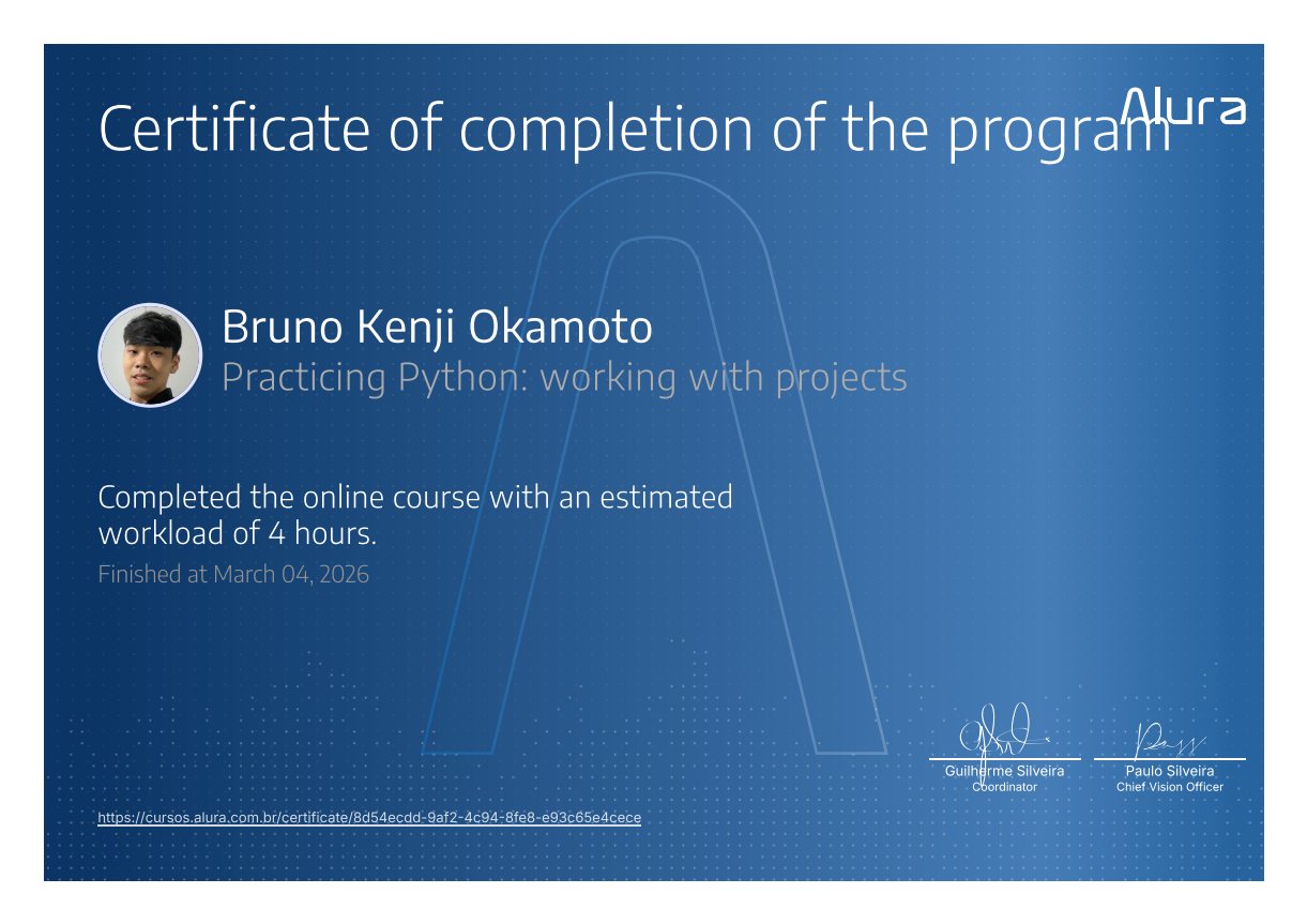 Practicing Python: Working with Projects certificate issued by Alura