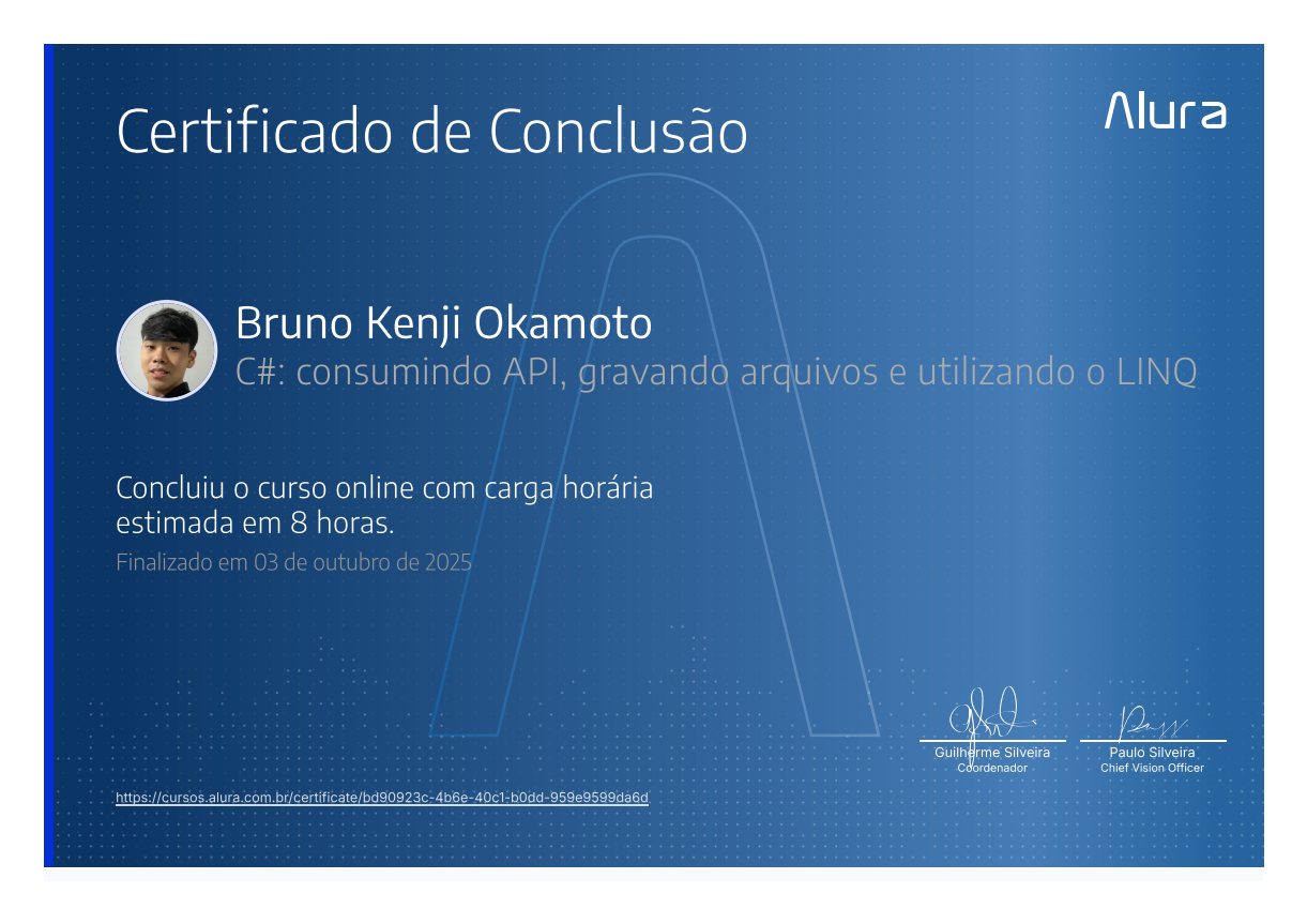 Certificado C#: consumindo API, gravando arquivos e utilizando o LINQ, emitido por Alura