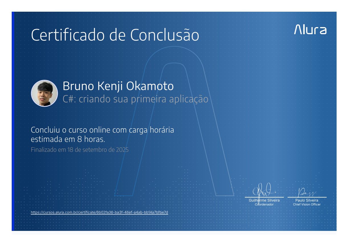 Certificado C#: criando sua primeira aplicação, emitido por Alura