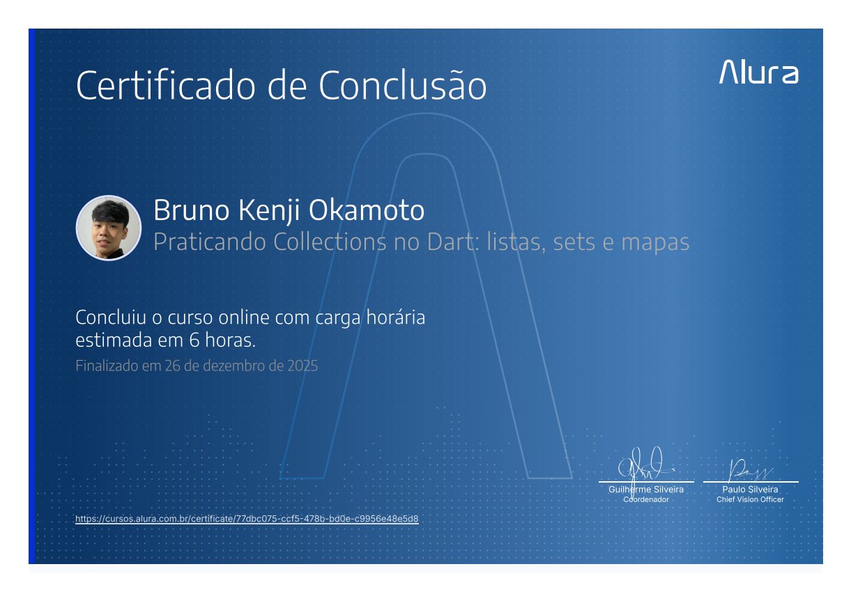 Certificado Praticando Collections no Dart: listas, sets e mapas, emitido por Alura