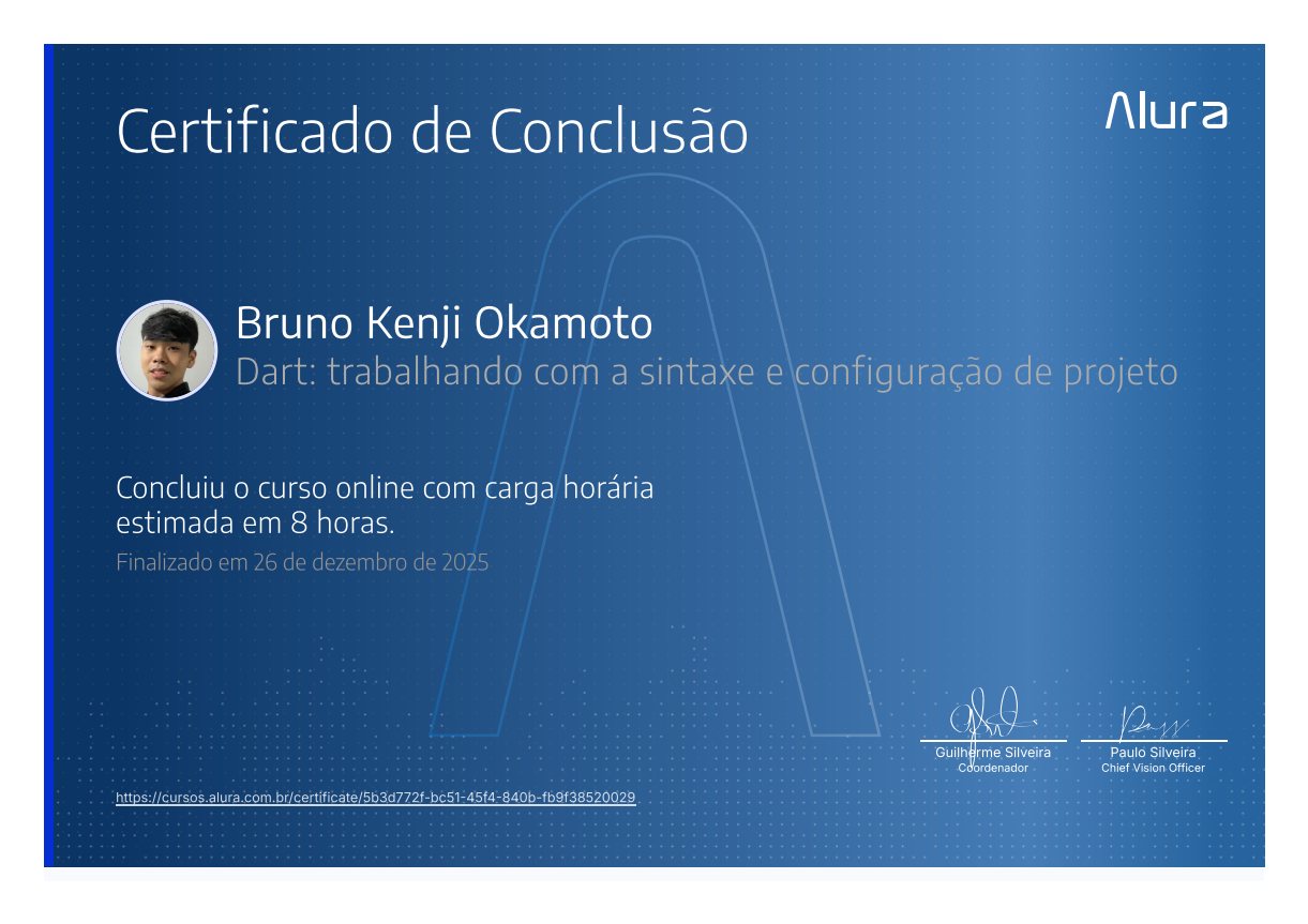Certificado Dart: sintaxe e configuração de projeto, emitido por Alura
