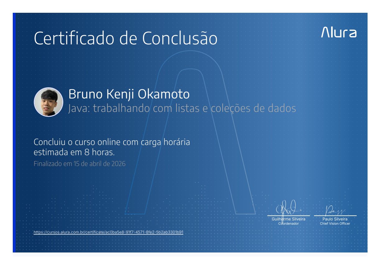 Certificado Java: trabalhando com listas e coleções de dados, emitido por Alura