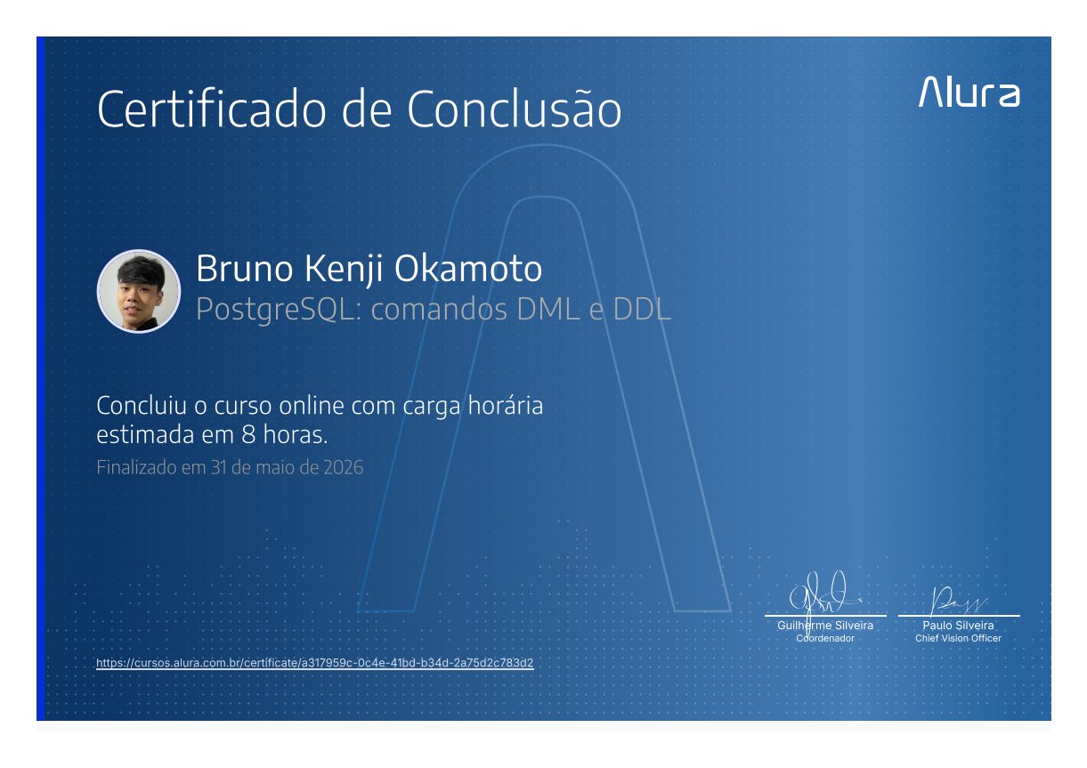 Certificado PostgreSQL: comandos DML e DDL, emitido por Alura