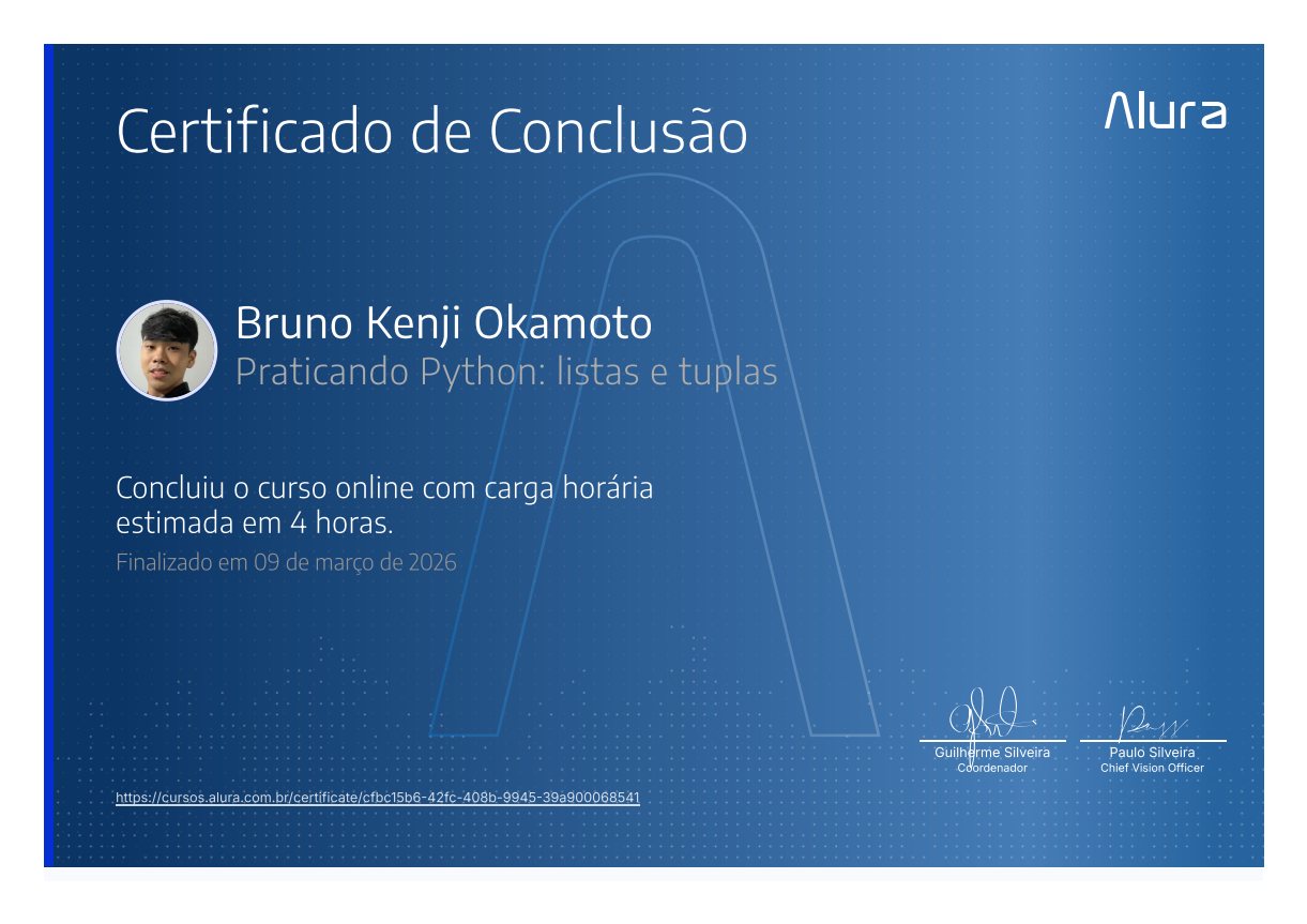 Certificado Praticando Python: listas e tuplas, emitido por Alura