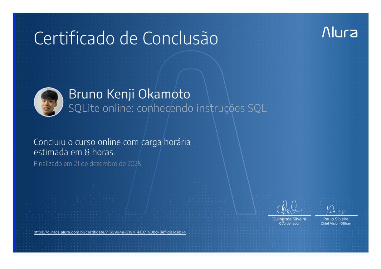 Certificado SQLite online: conhecendo instruções SQL, emitido por Alura